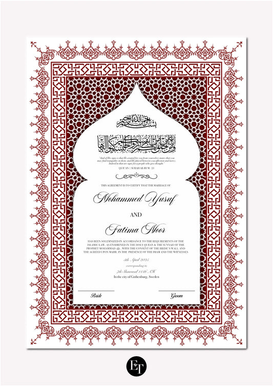 Lyxig Nikkah Certifikat - Diwan (Velvet red)