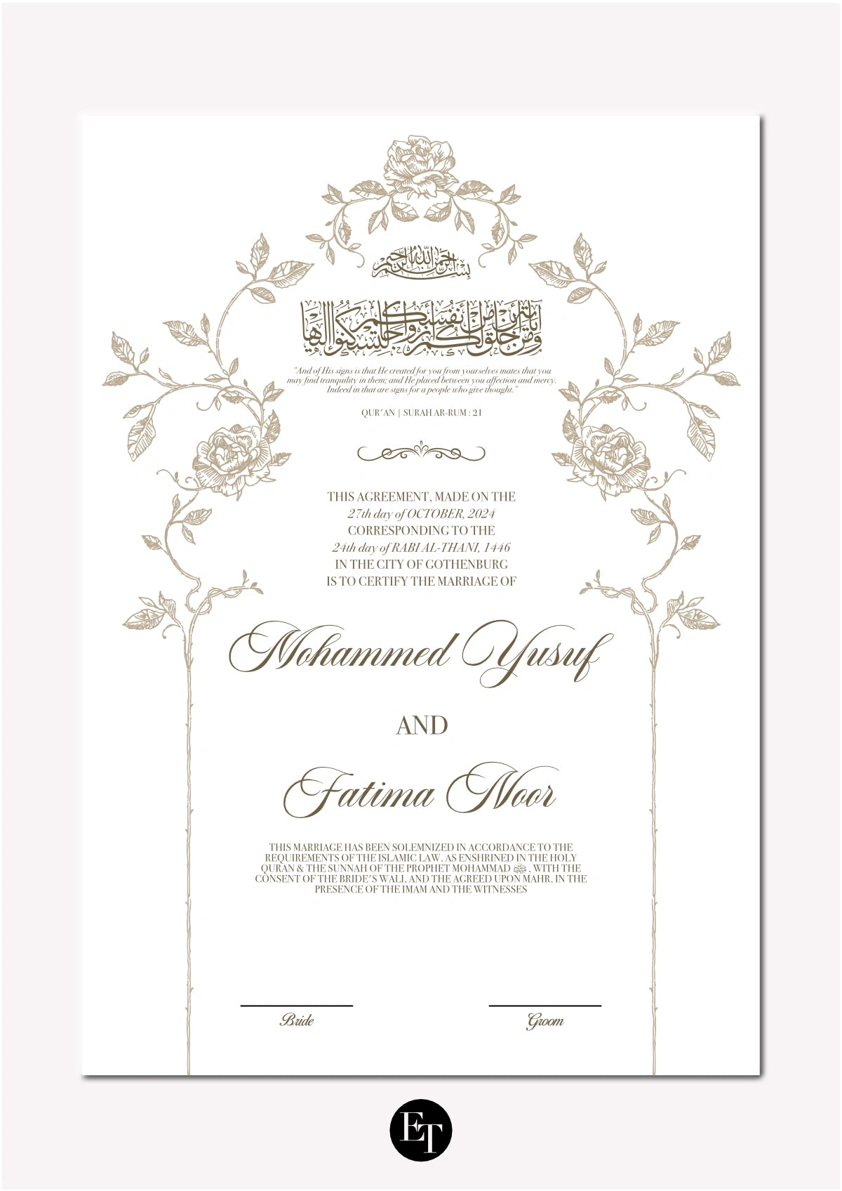 Lyxig Nikkah Certifikat - Noor (Champagne Bloom)