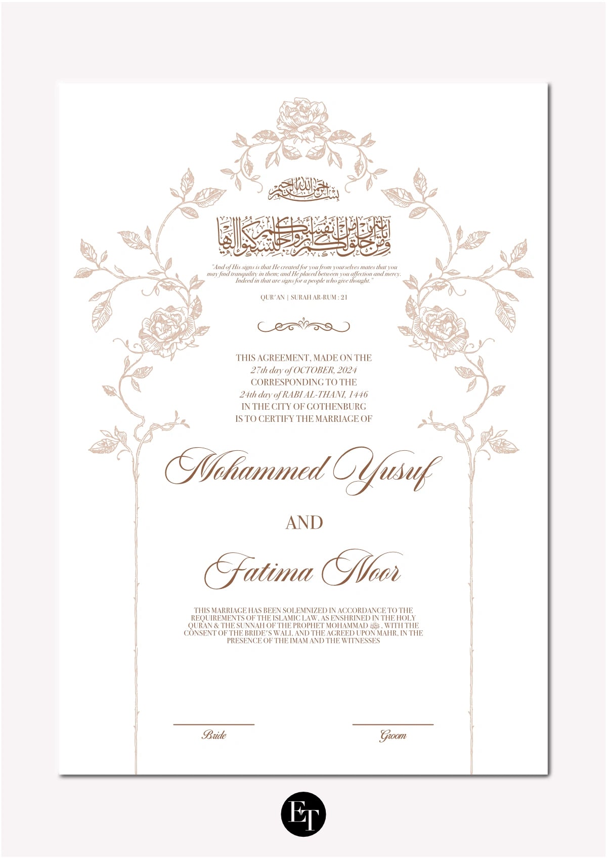 Lyxig Nikkah Certifikat - Noor (Rose Blossom)