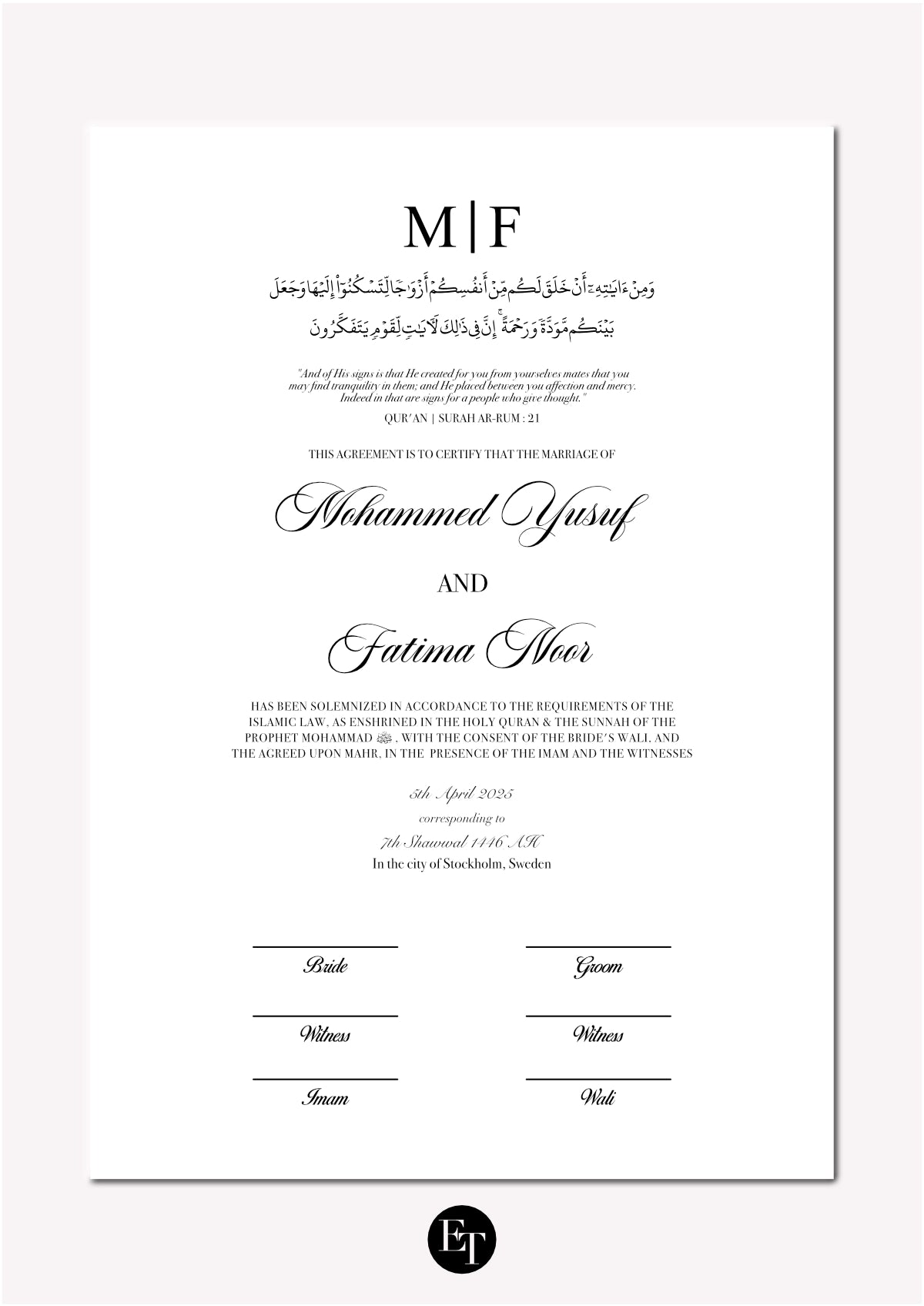 Lyxig Nikkah Certifikat - Sakinah